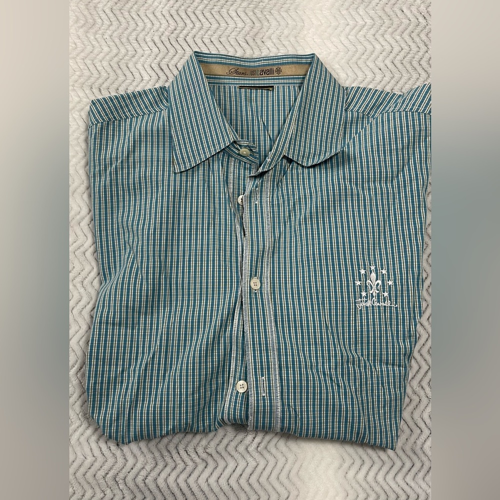 Just Cavalli Star Printed Button Down Shirt Blue/green/yellow and white striped